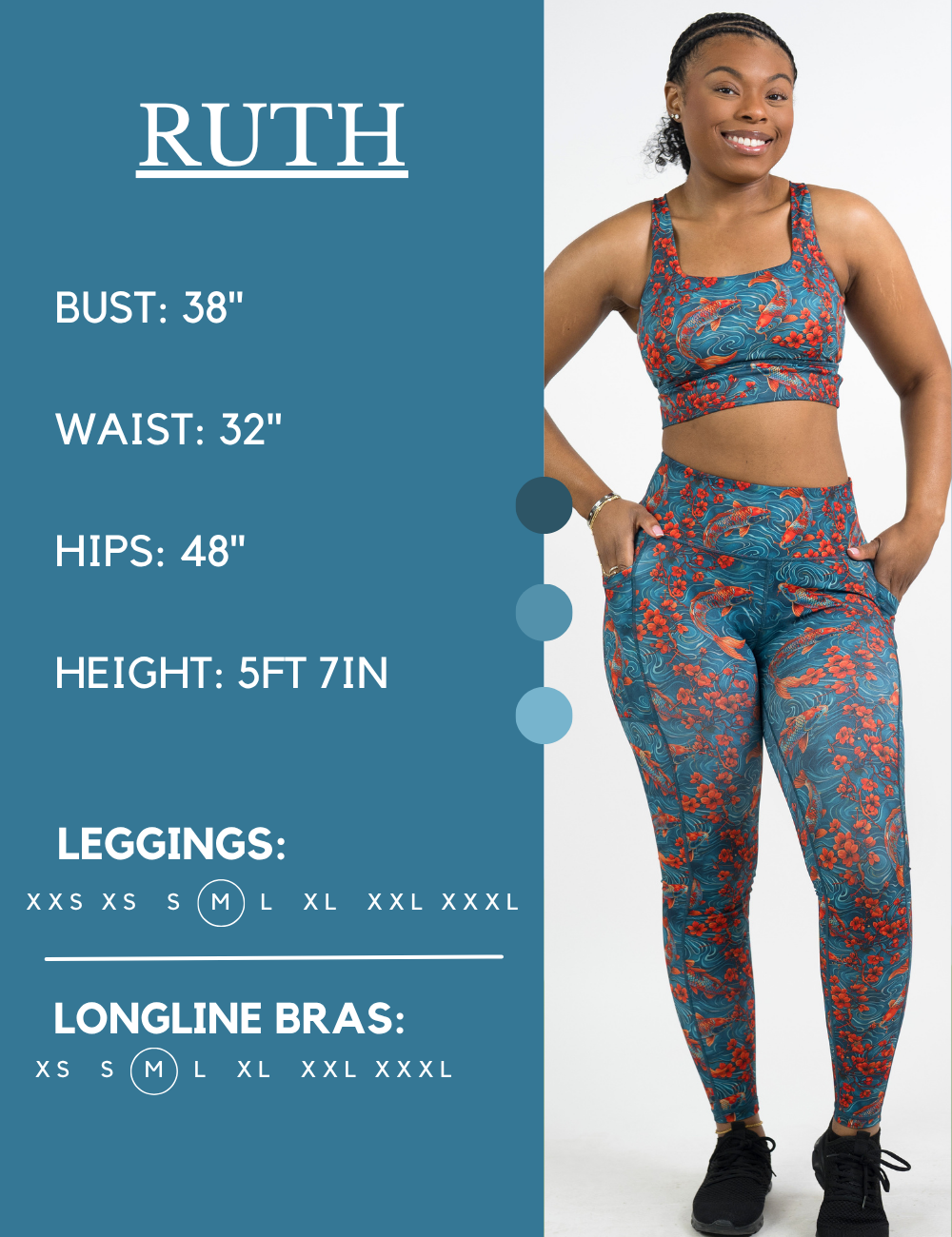 Model’s measurements of 38” bust, 32” waist, 48” hips and height of 5 ft 7 inches. She is wearing a size medium in our leggings