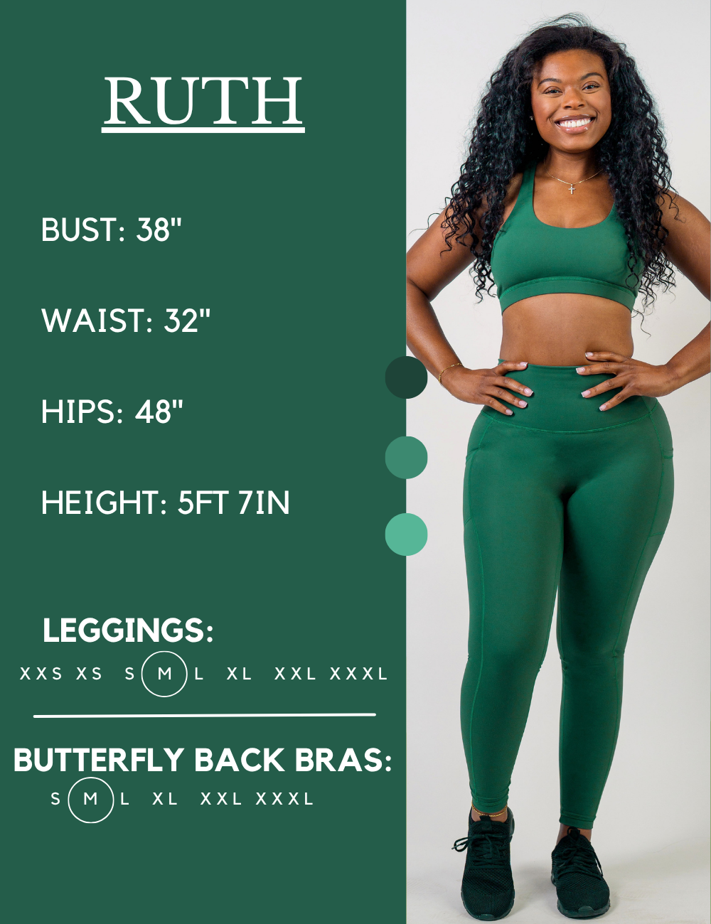 Model’s measurements of 38” bust, 32” waist, 48” hips and height of 5 ft 7 inches. She is wearing a size medium in our leggings