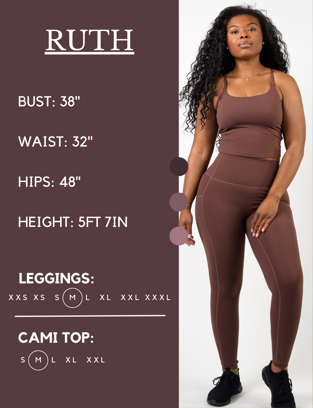 Model’s measurements of 38” bust, 32” waist, 48” hips and height of 5 ft 7 inches. She is wearing a size medium in our leggings