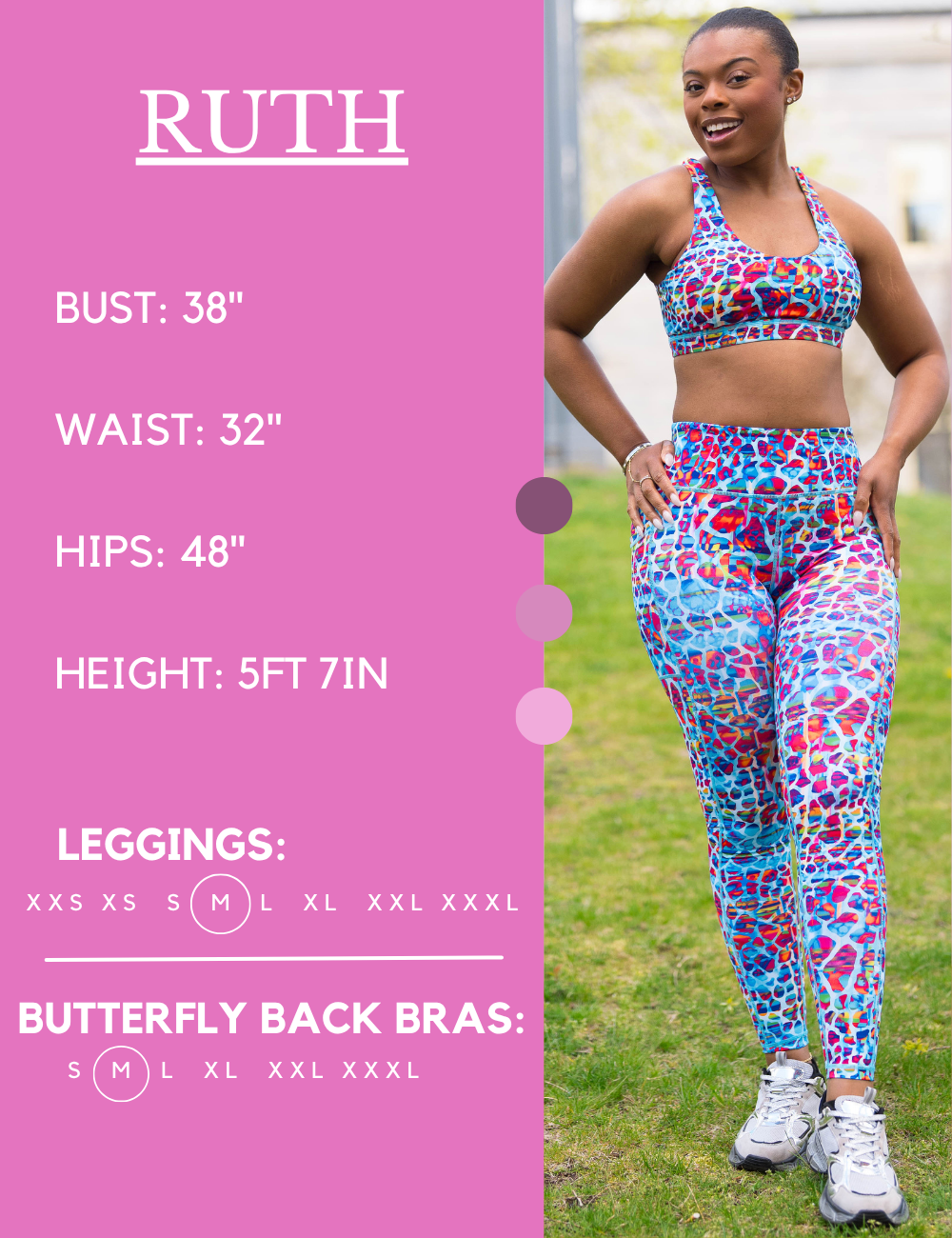 Model’s measurements of 38” bust, 32” waist, 48” hips and height of 5 ft 7 inches. She is wearing a size medium in our leggings