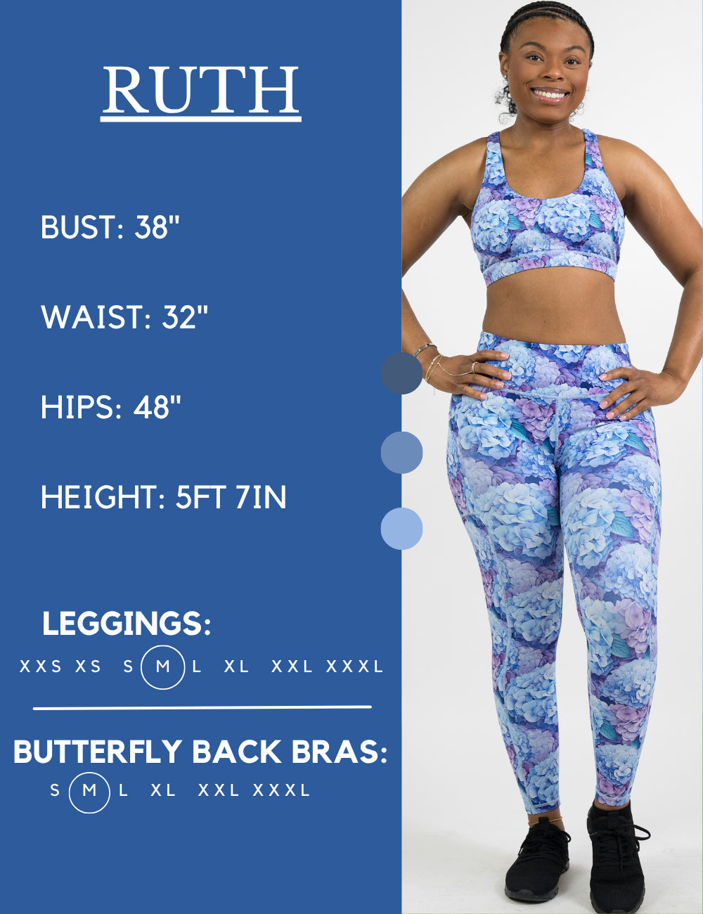 Model’s measurements of 38” bust, 32” waist, 48” hips and height of 5 ft 7 inches. She is wearing a size medium in our leggings
