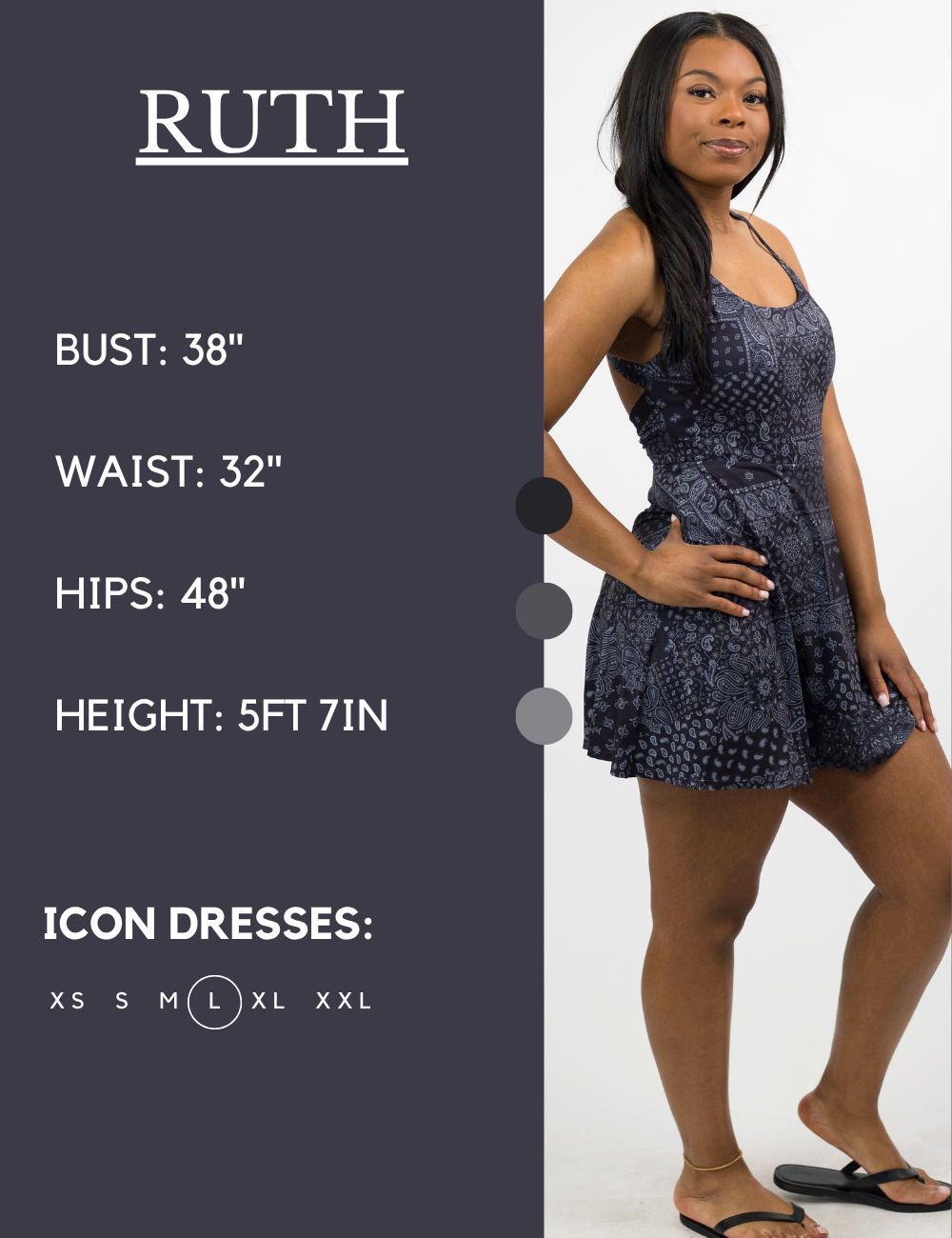 Model’s measurements of 38” bust, 32” waist, 48” hips and height of 5 ft 7 inches. She is wearing a size large in our Icon dress