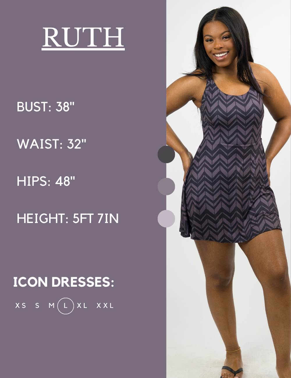 Model’s measurements of 38” bust, 32” waist, 48” hips and height of 5 ft 7 inches. She is wearing a size large in our icon dress