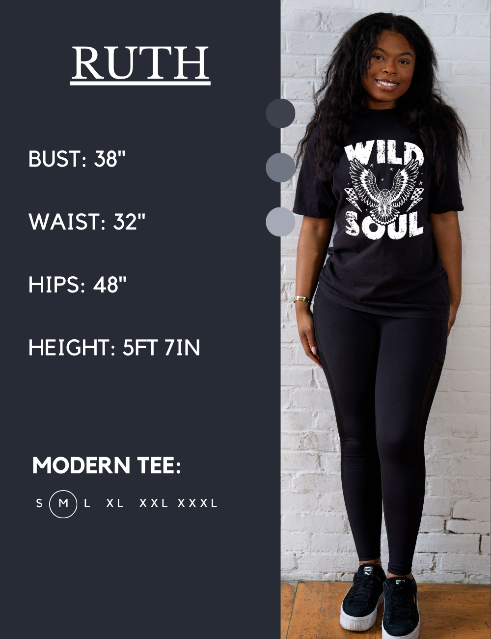 Model’s measurements of 38” bust, 32” waist, 48” hips and height of 5 feet 7 inches. She is wearing a size medium in our modern tee