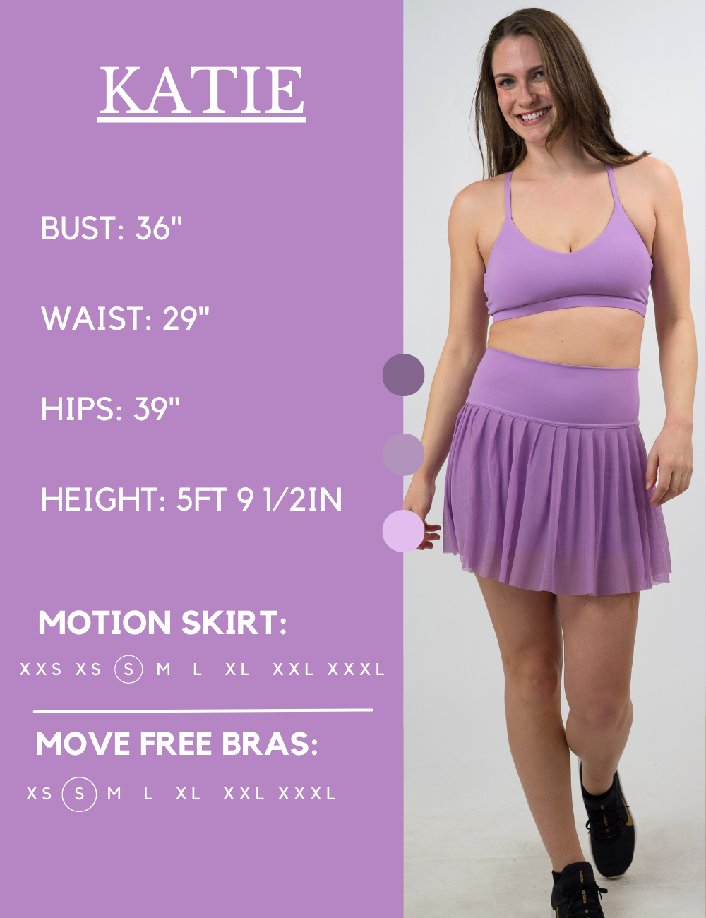 Model’s measurements of 36” bust, 29” waist, 39” hips and height of 5 ft 9 1/2in inches. She is wearing a size small in our motion skirts