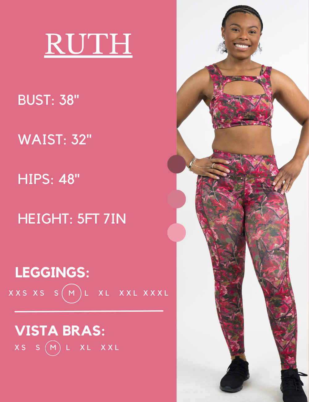 Model’s measurements of 38” bust, 32” waist, 48” hips and height of 5 ft 7 inches. She is wearing a size medium in our leggings