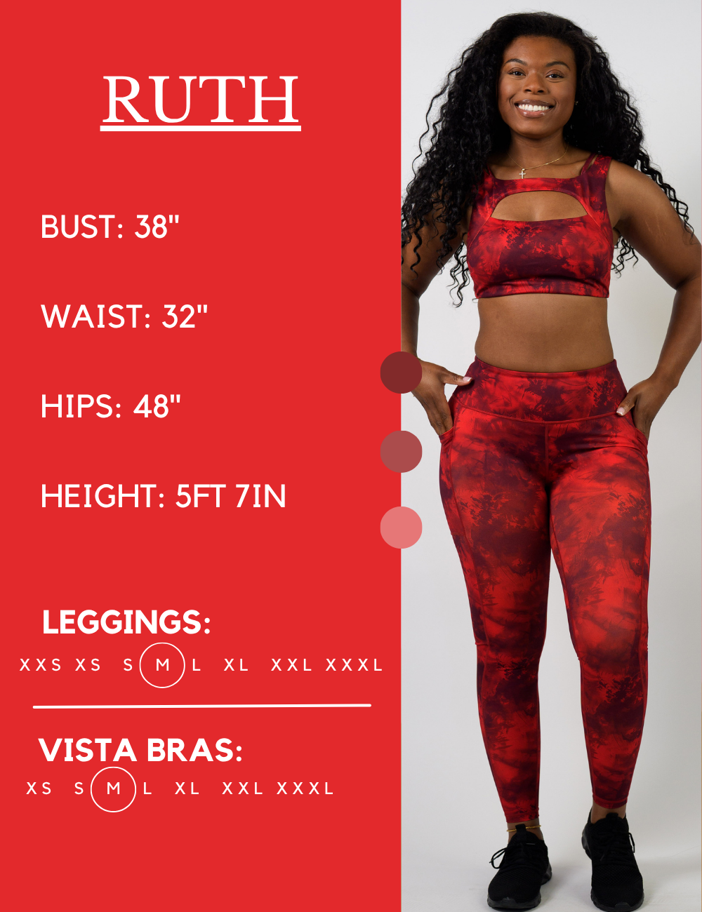 Model’s measurements of 38” bust, 32” waist, 48” hips and height of 5 ft 7 inches. She is wearing a size medium in our leggings