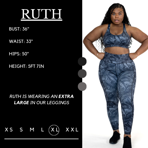 Model's measurements of 36 inch bust, 33 inch waist, 50 inch hips, and height of 5 foot 7 inches. She is wearing a size extra large in these leggings.