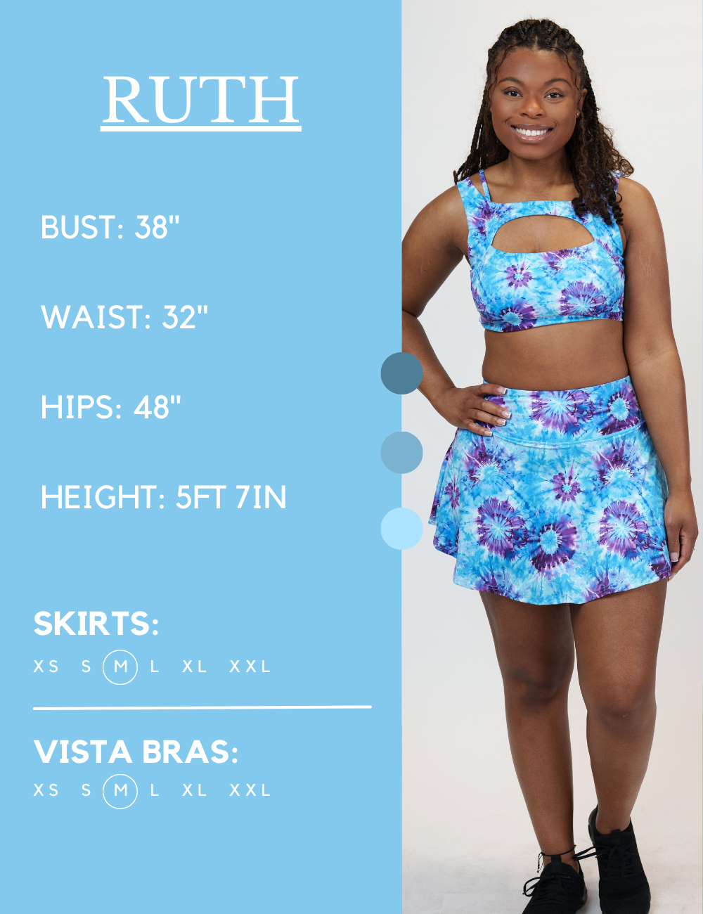 Model’s measurements of 38” bust, 32” waist, 48” hips and height of 5 ft 7 inches. She is wearing a size medium in the skirt