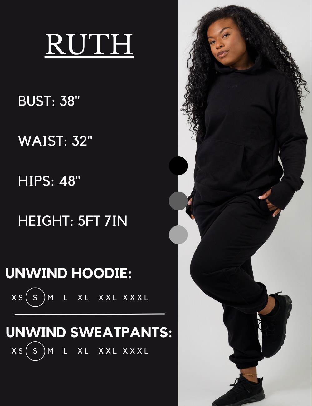 Model’s measurements of 38” bust, 32” waist, 48” hips and height of 5 ft 7 inches. She is wearing a size small in our unwind sweatpants and hoodie