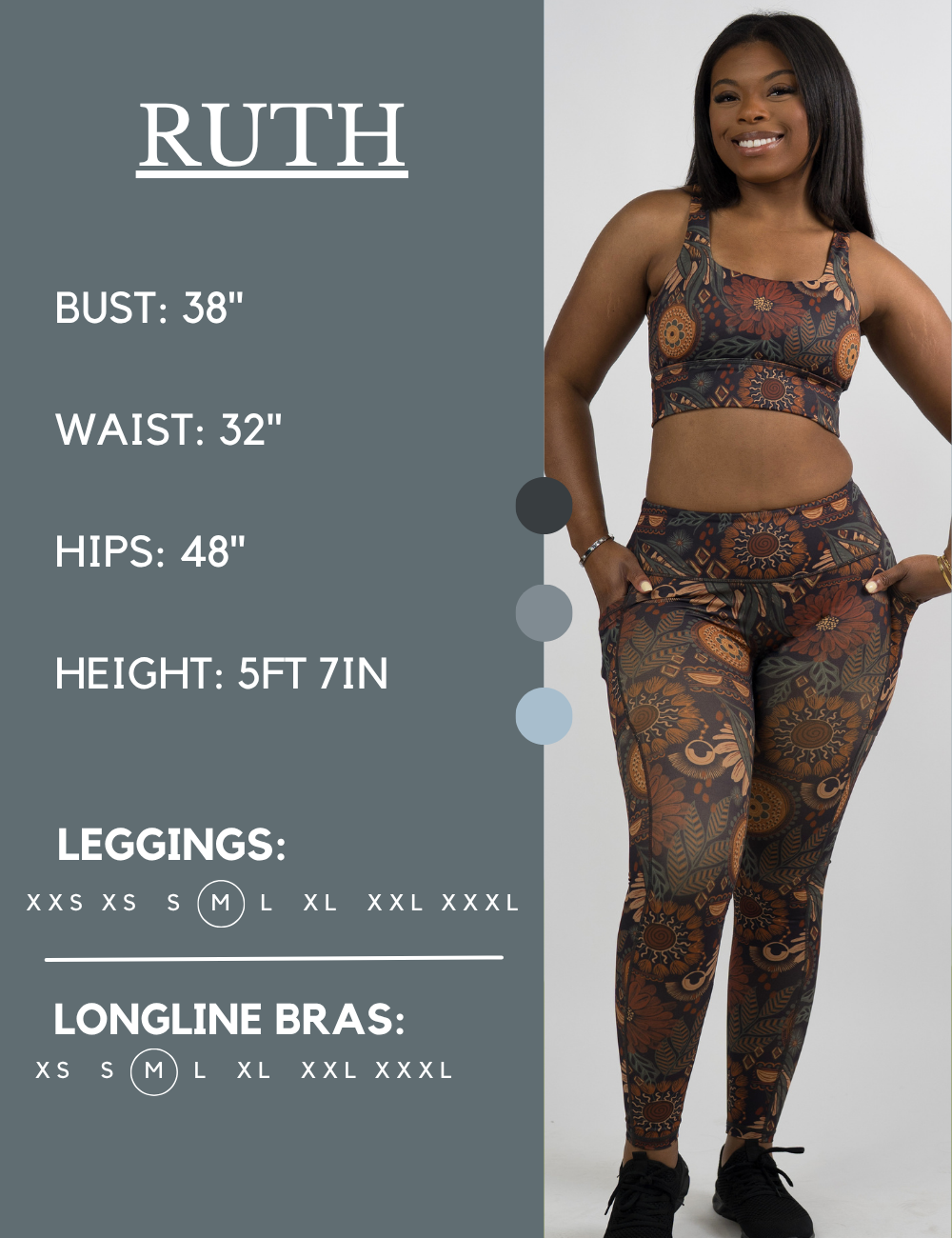 Model’s measurements of 38” bust, 32” waist, 48” hips and height of 5 ft 7 inches. She is wearing a size medium in our leggings