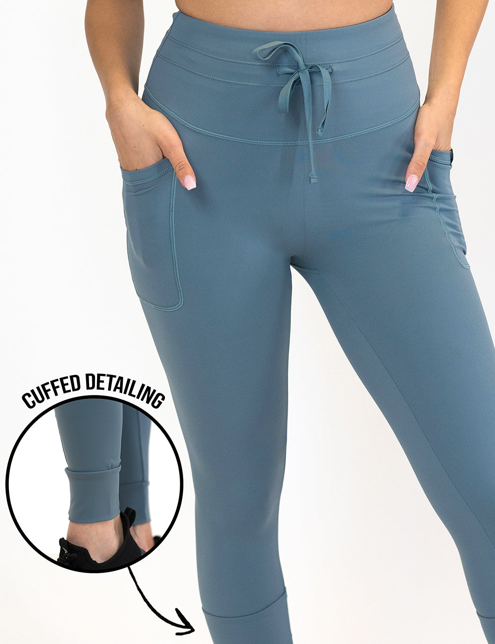 front of the slate blue omni style leggings with a matching drawstring, with a close up showing the cuffed detailing