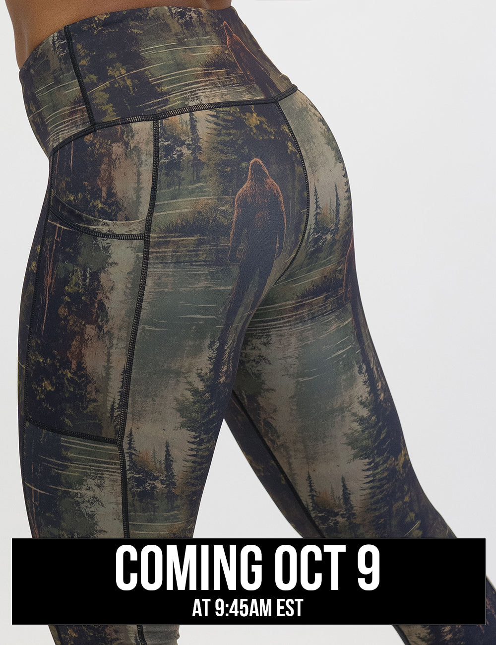 back of the bigfoot in a forest leggings coming October 9th