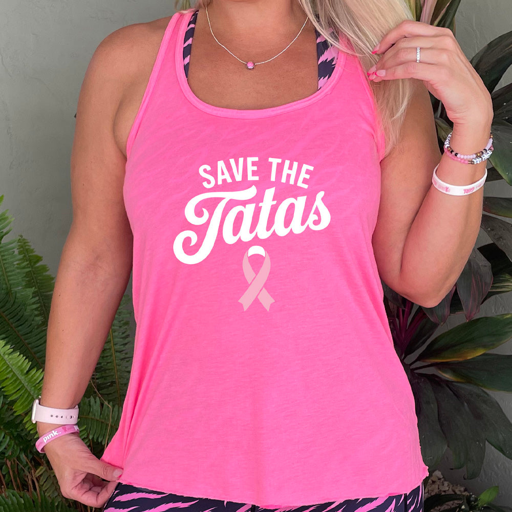 Pink tank top with 'Save the Tatas' text and pink ribbon