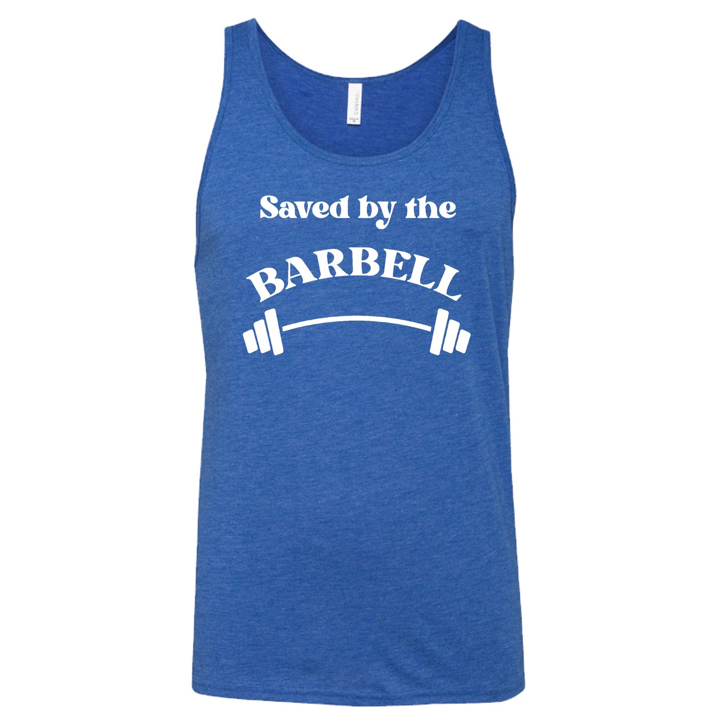 blue saved by the barbell unisex tank top