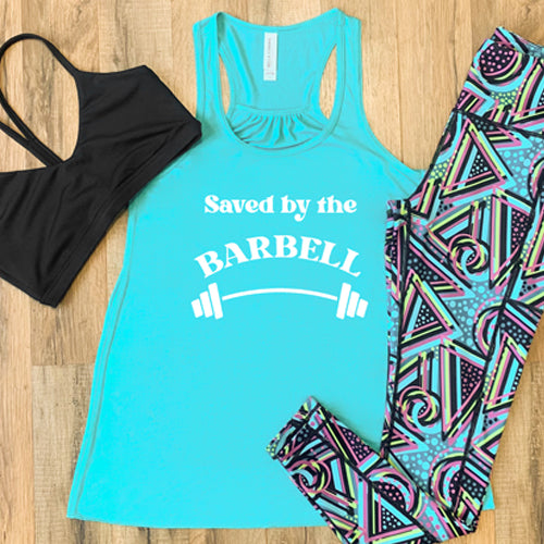 saved by the barbell graphic on teal racerback tank top