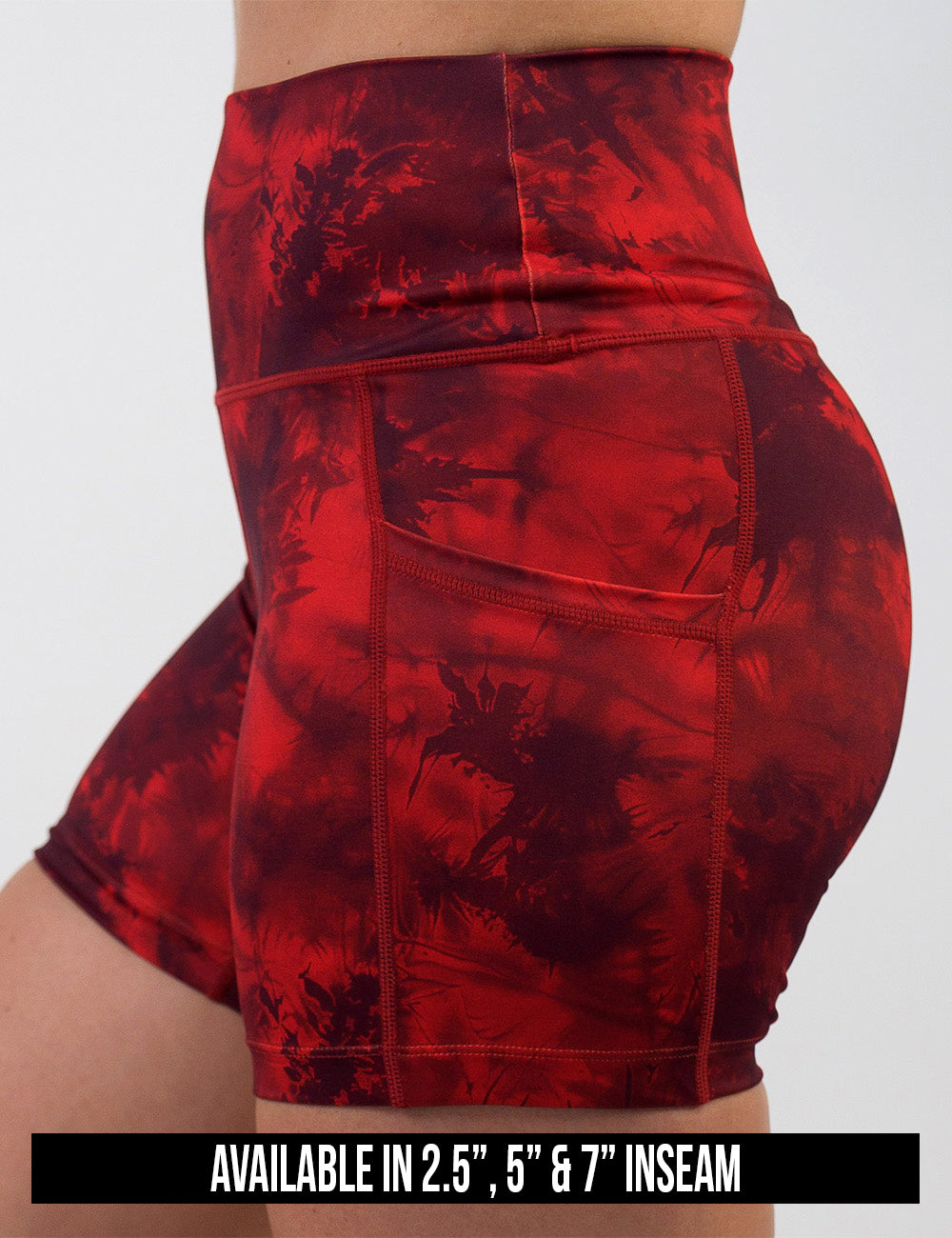 available inseam lengths for the red tie dye shorts, lengths include 2.5, 5, and 7 inches