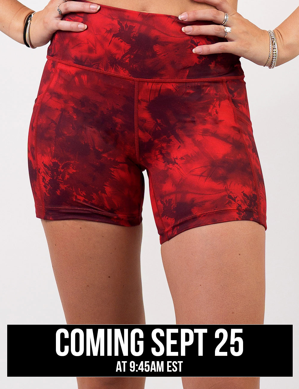 front of the red tie dye 5 inch shorts coming September 25th
