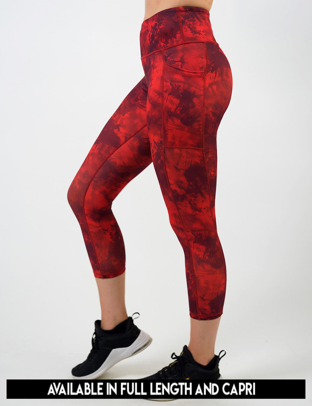 available lengths for the dark red tie dye leggings, lengths include full length and capri