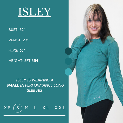 Graphic of a model showing her measurements and what size she wears for the shirt Her bust is 32 inches, waist is 29 inches, hips are 36 inches, and height is 5 feet and 6 inches.
