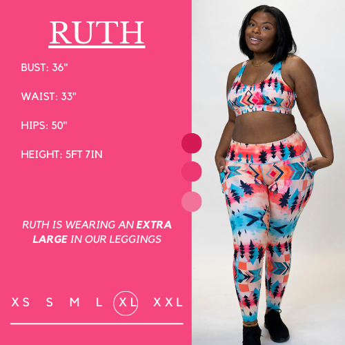 Model’s measurements of 36” bust, 33” waist, 50” hips and height of 5 ft 7 inches. She is wearing a size extra large in our leggings