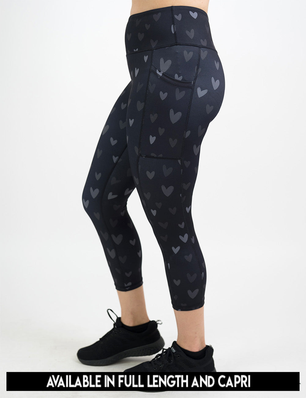 available lengths for the black leggings with light and dark grey hearts, lengths include full length and capri