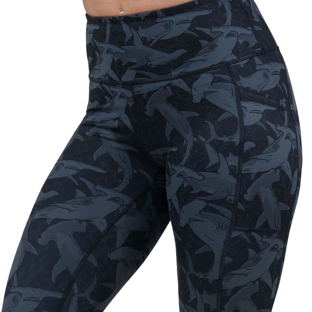 black and grey shark patterned leggings