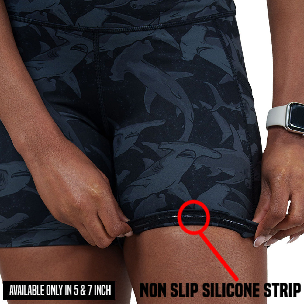non slip strip on the black and grey shark patterned shorts