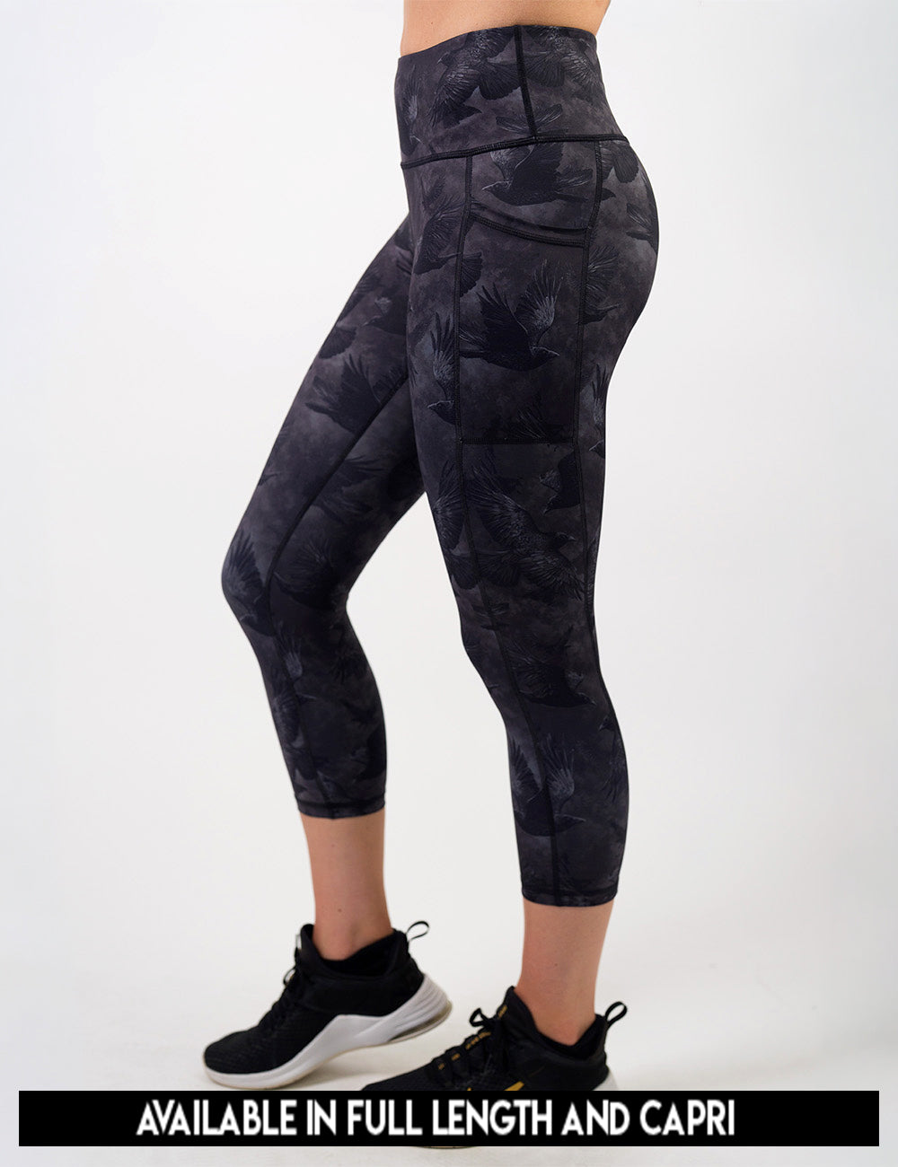 available lengths for the dark ravens against a smokey grey and black background leggings, lengths include full length and capri