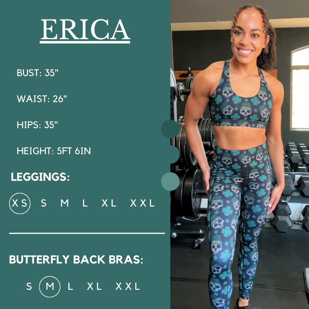 Model’s measurements of 35” bust, 26” waist, 35” hips and height of 5 ft 6 inches. She is wearing a size extra small in our leggings