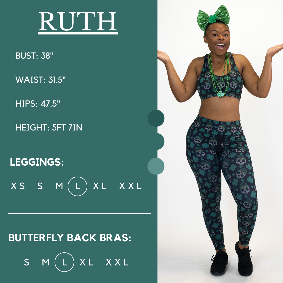 Model’s measurements of 38” bust, 31.5” waist, 47.5” hips and height of 5 ft 7 inches. She is wearing a size large in our leggings