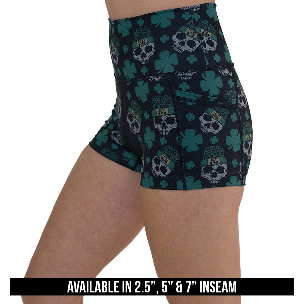 skull and shamrock print shorts available in 2.5, 5 & 7 inch inseams