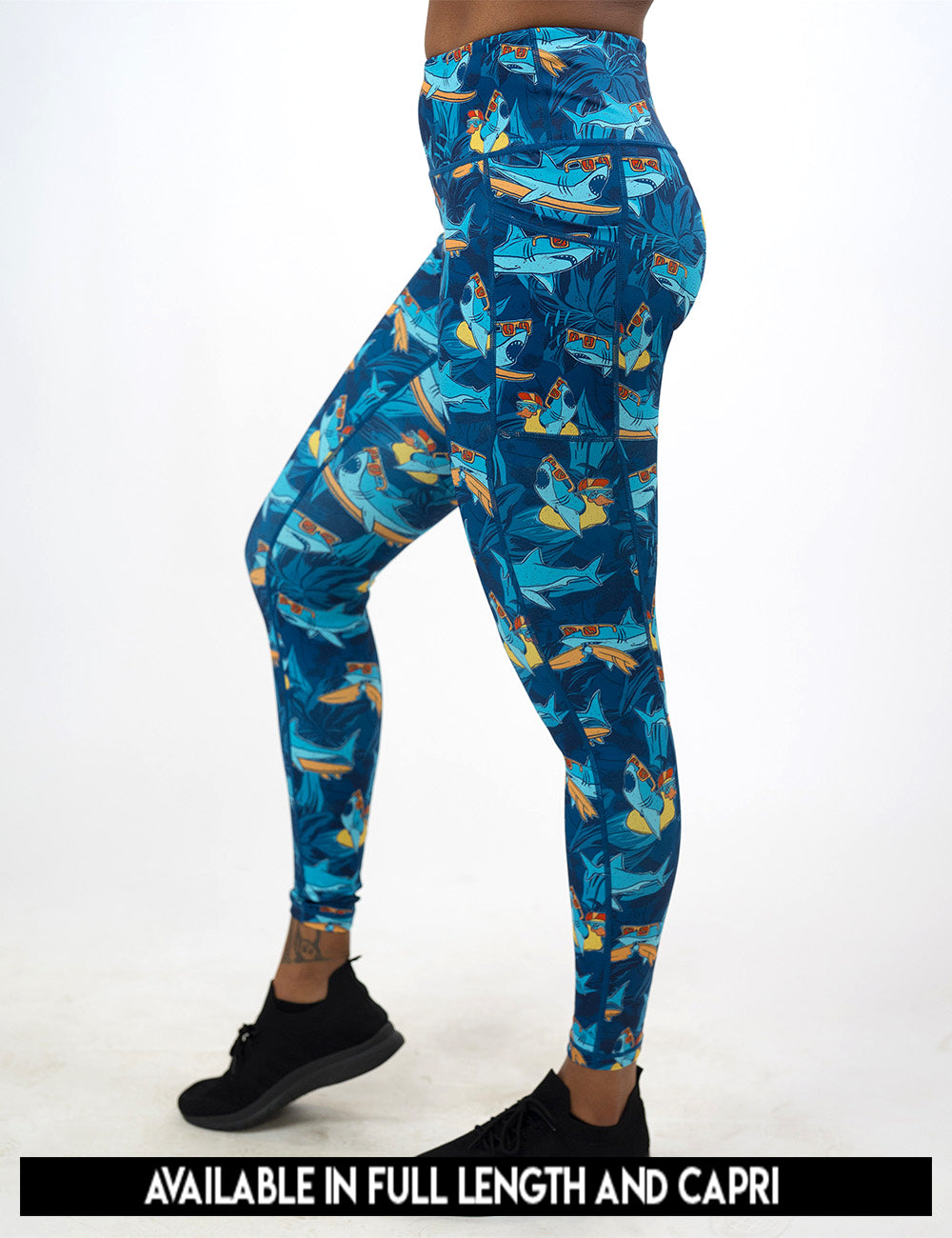 available lengths for the cartoon sharks surfboarding with sunglasses leggings, lengths include full length and capri