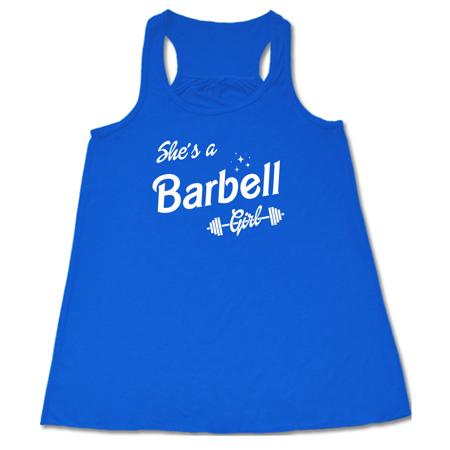 blue colored "she's a barbell girl" tank top