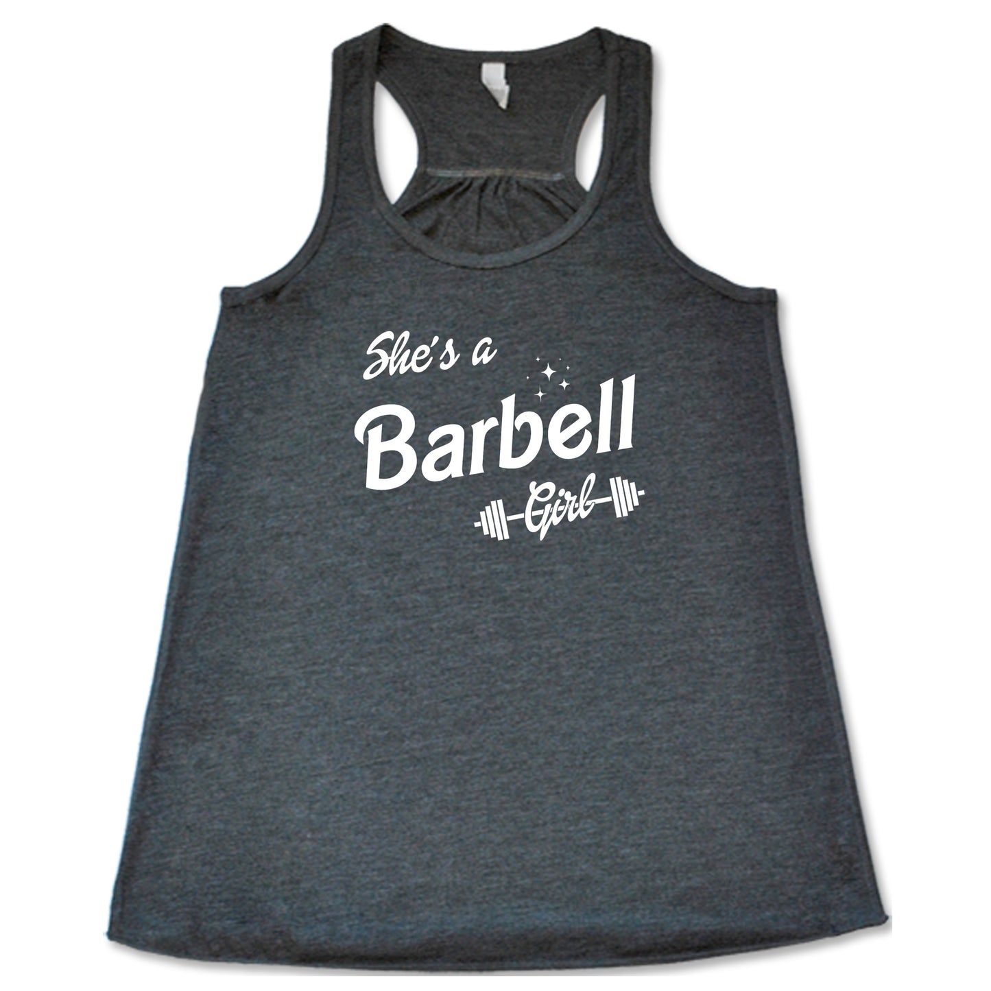 grey colored "she's a barbell girl" tank top