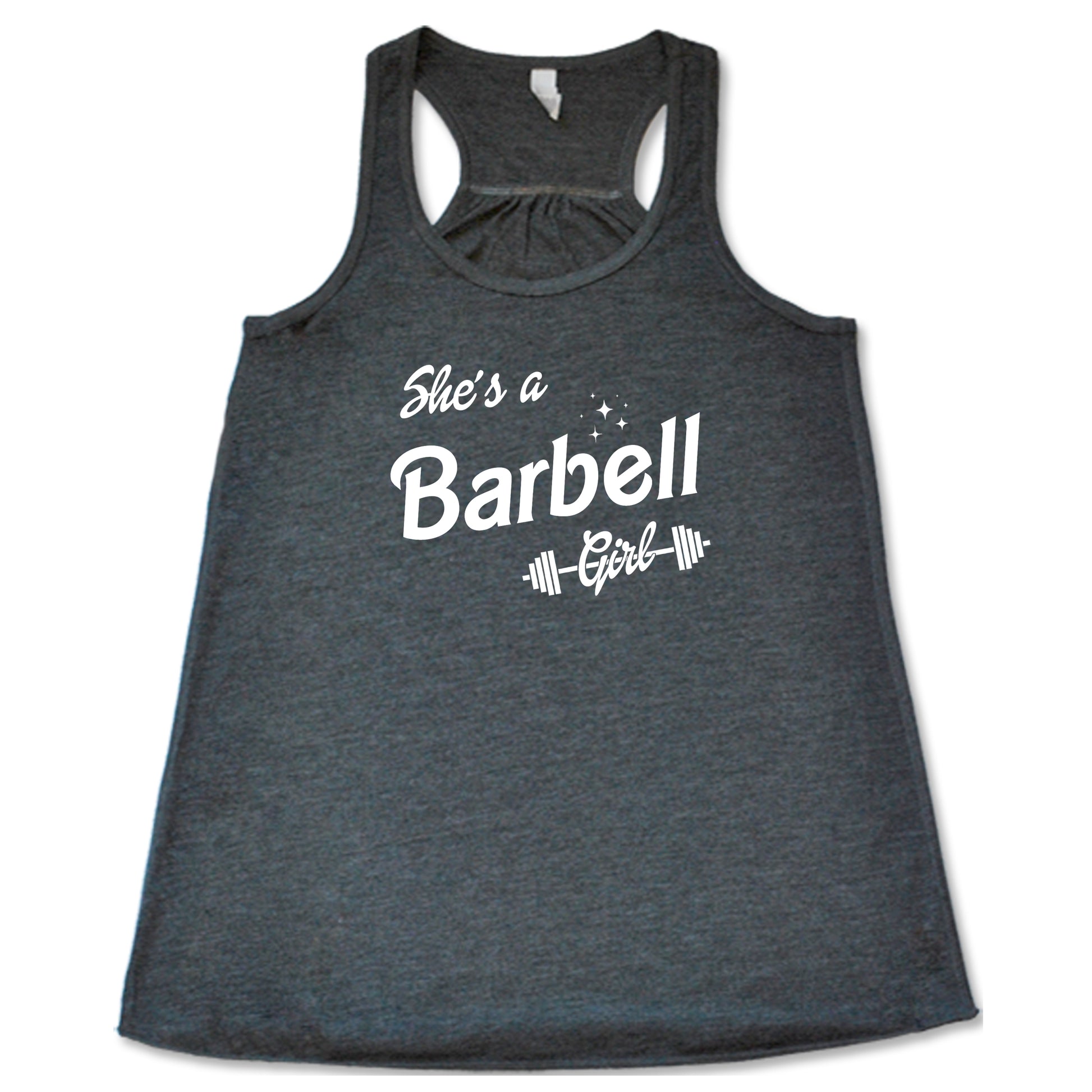 grey colored "she's a barbell girl" tank top