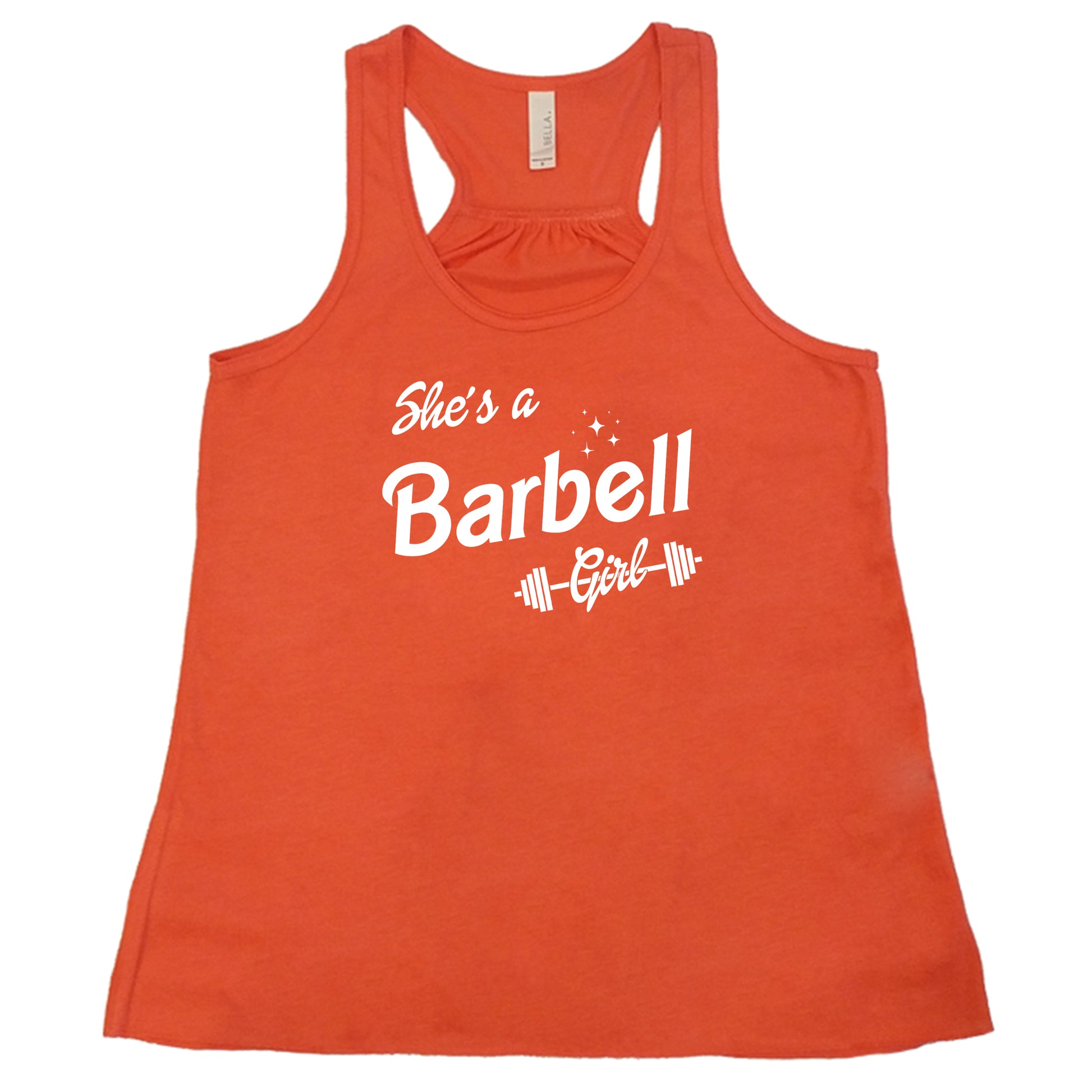 orange colored "she's a barbell girl" tank top