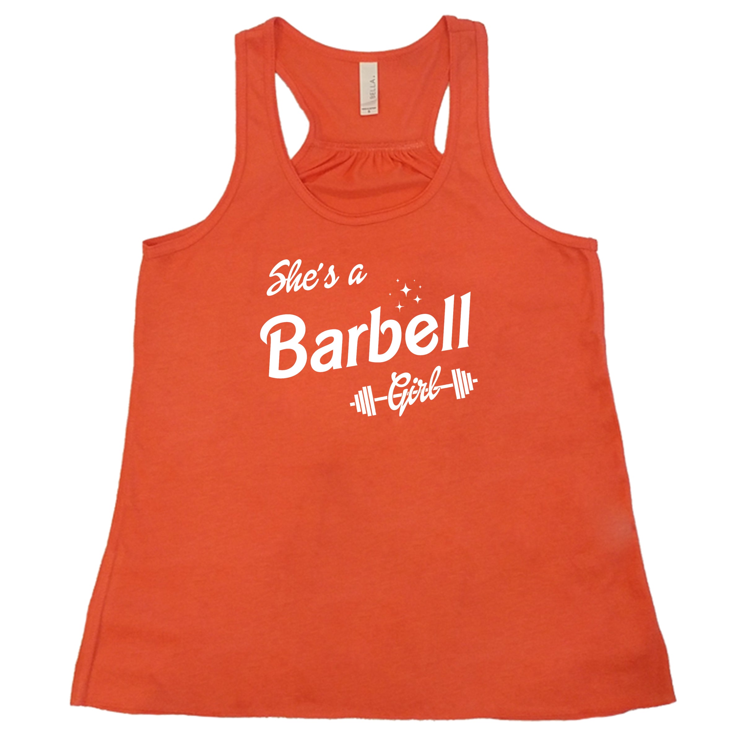 orange colored "she's a barbell girl" tank top