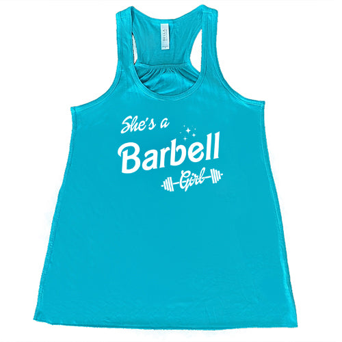 teal colored "she's a barbell girl" tank top