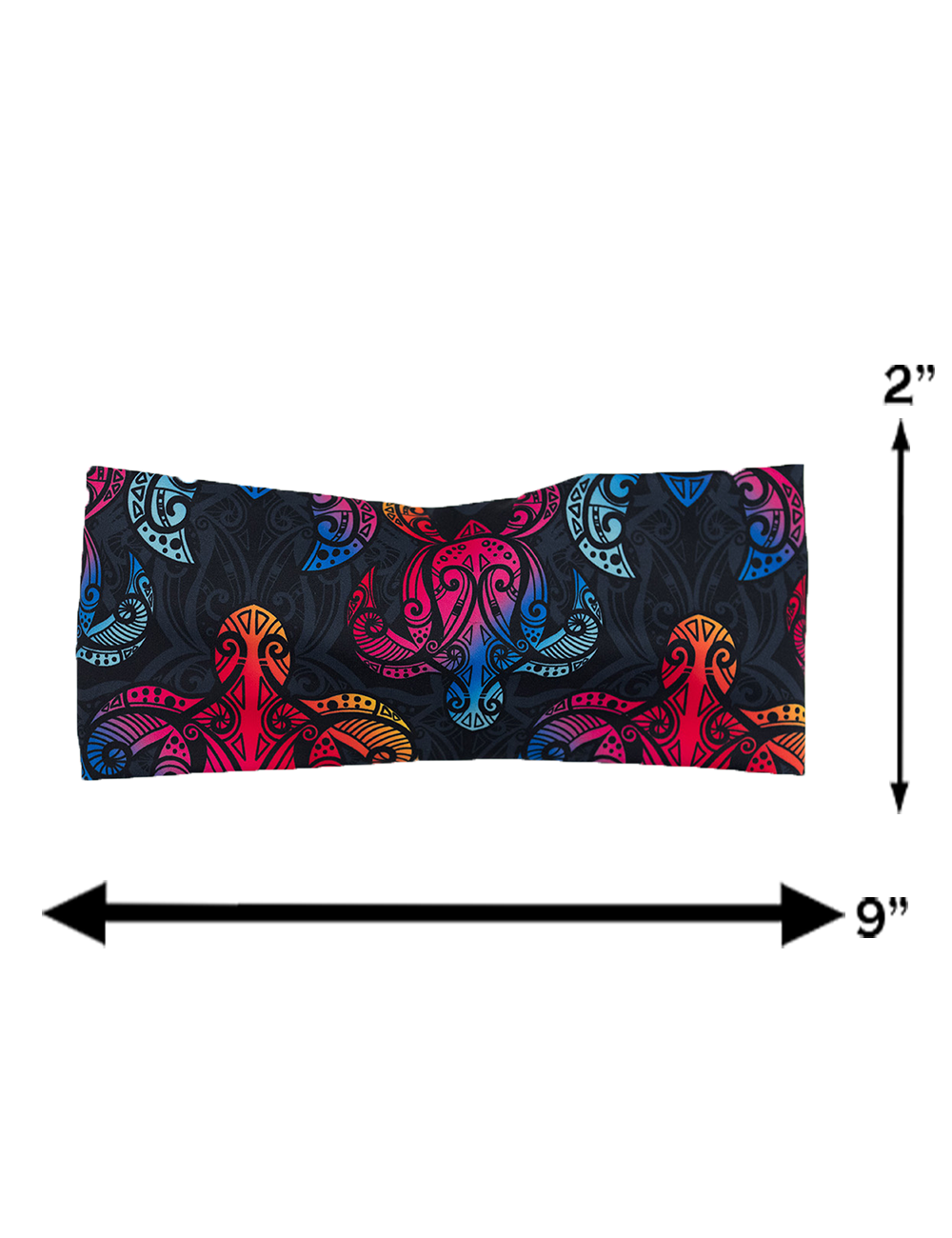 rainbow turtle headband measurement chart, measurements are 2 inches by 9 inches