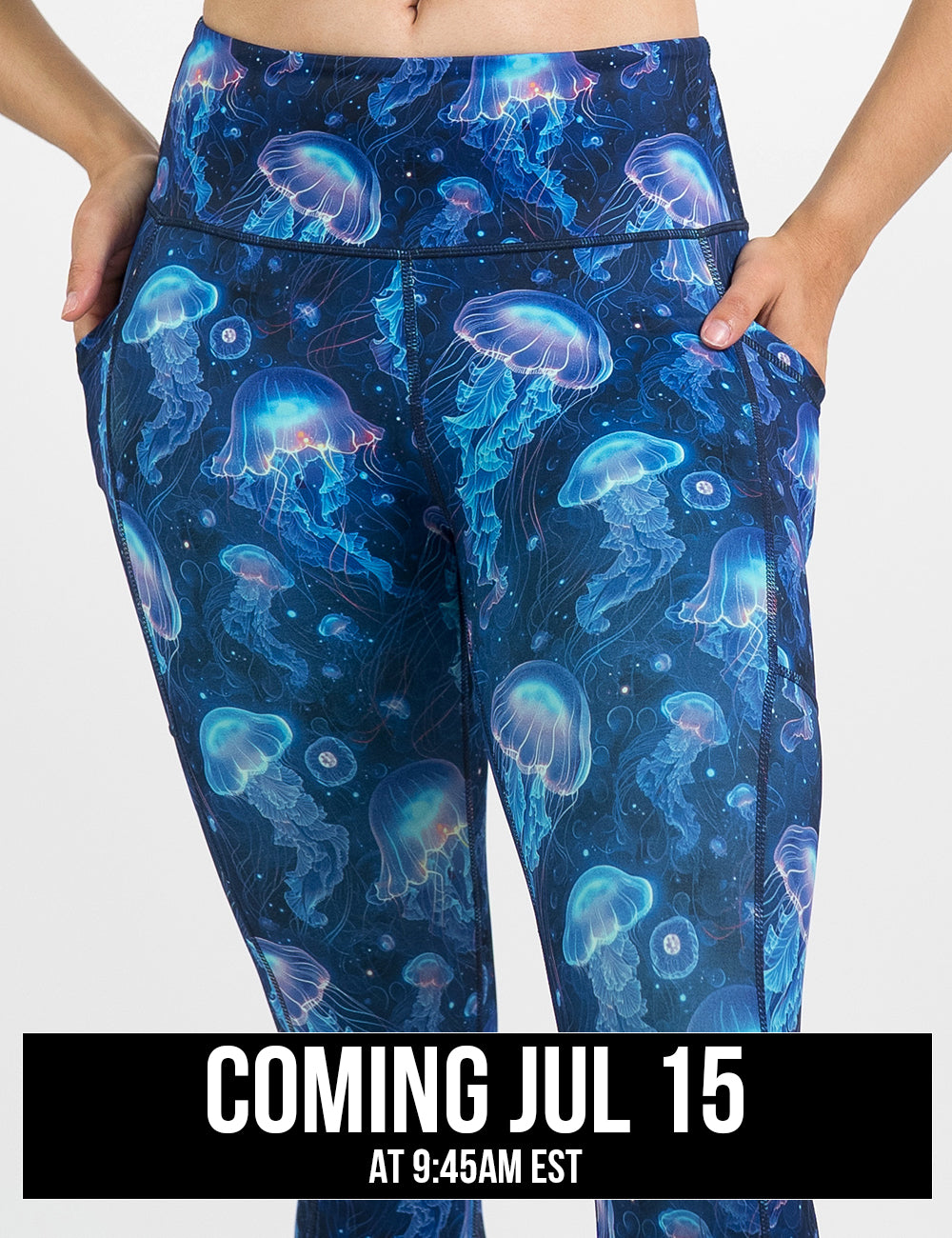 front of the blue jelly fish pattern leggings against a white background coming july 15th