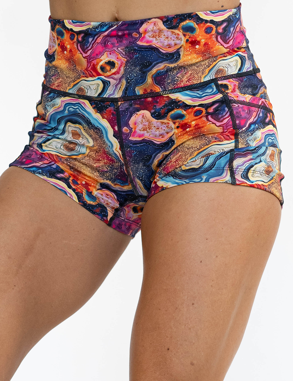 close up of the 2.5 inch colorful granite pattern against a white background