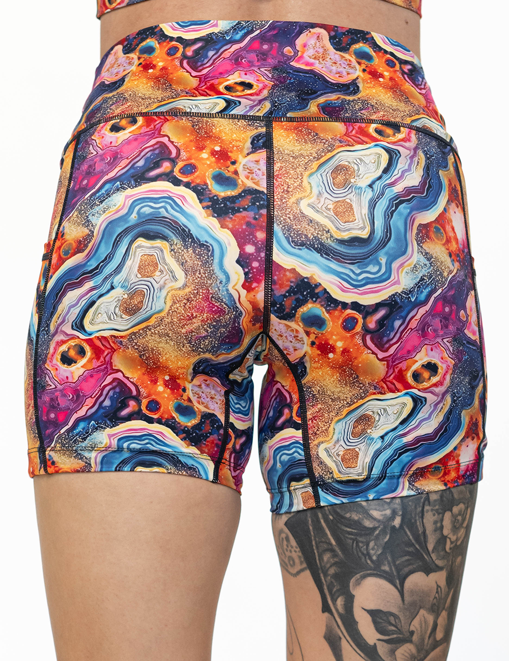 back of the 5 inch colorful granite shorts against a white background