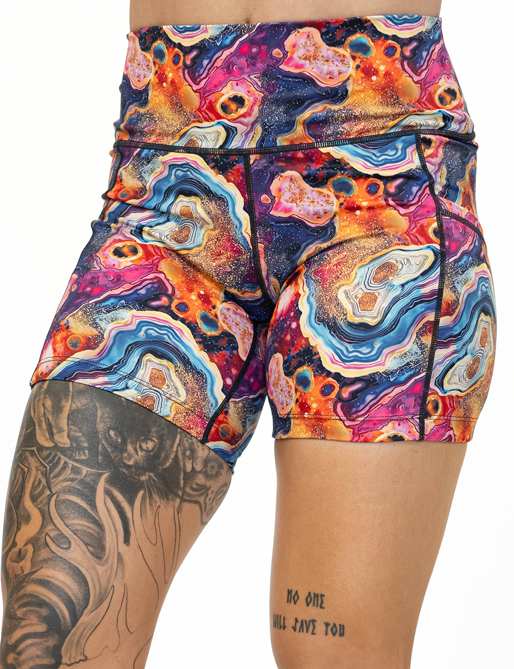 front of the 5 inch colorful granite shorts facing the front against a white background