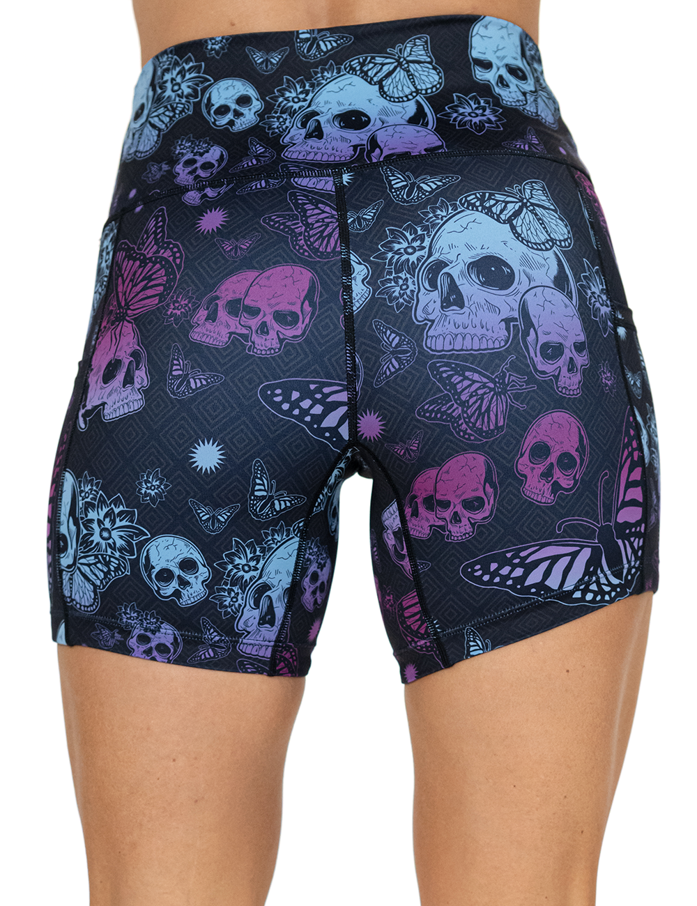 back of the 5 inch blue and purple skulls surrounded by butterflies shorts against a white background