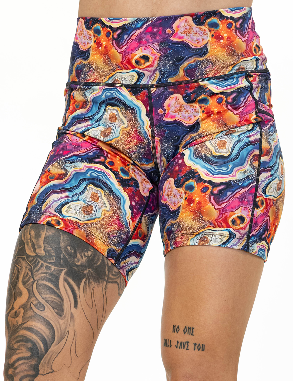 front of the 7 inch colorful granite shorts against a white background