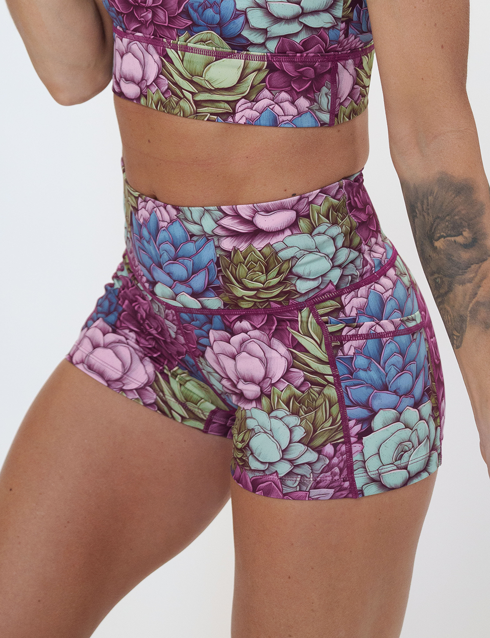 close up of the 2.5 inch succulents and flowers print shorts against a white background