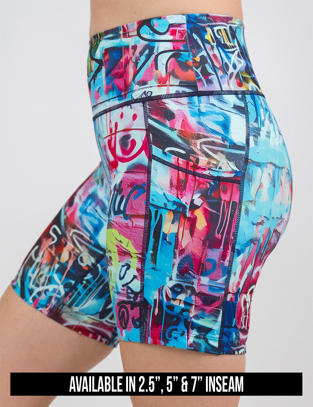 available inseam lengths for the multi colored graffiti pattern shorts, lengths include 2.5, 5, and 7 inches
