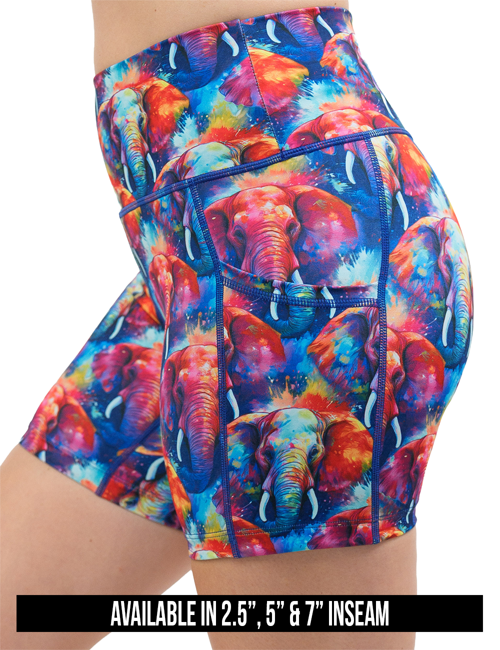 available inseam lengths for the colorful elephant pattern shorts, lengths include 2.5 inch, 5 inch, and 7 inch