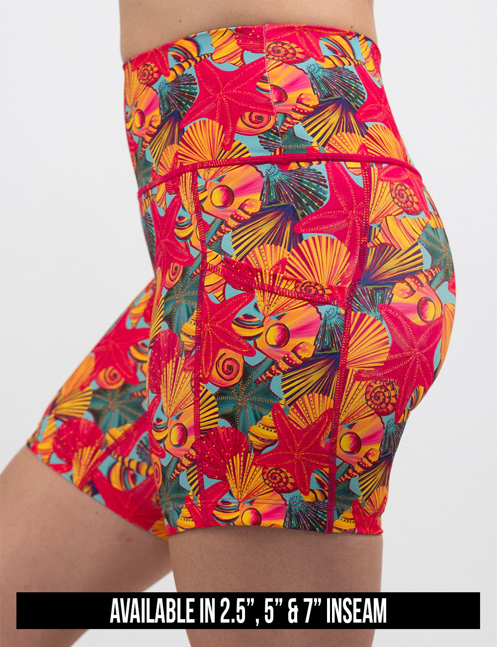 available inseam sizes for the front of the red starfish with a yellow and blue shell background shorts, lengths include 2.5, 5, and 7 inches
